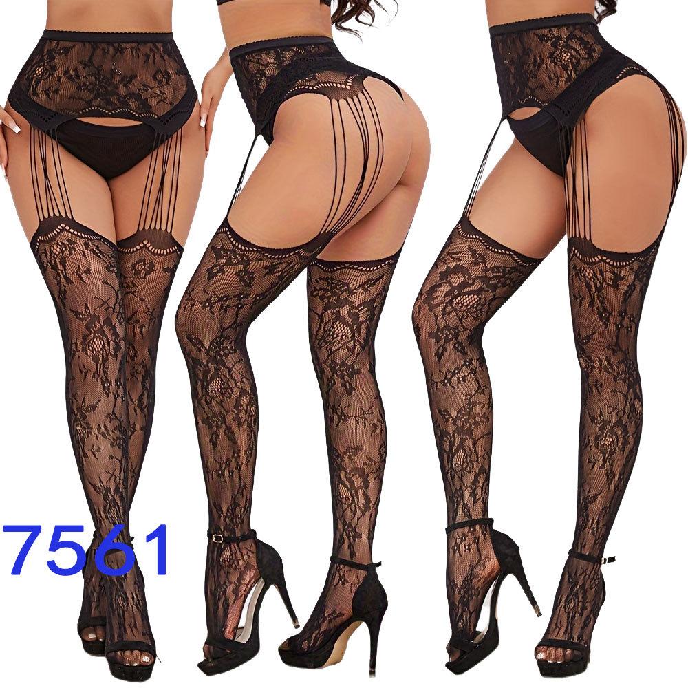 New style open crotch lace transparent suspender black silk sexy fishnet stockings non-slip one-piece suspender belt for women