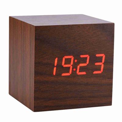 6x6x6cm Holz Elektronische Digital Wecker Schreibtisch Uhr Temperatur LED Display Voice Control Braun