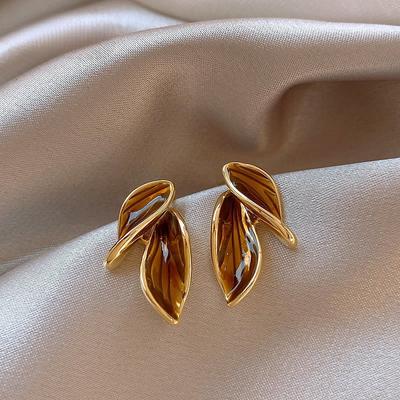 1pair Maillard Brown Color Leaf Geometry Stud Earrings for Women Korean Simple Texture Fashion Cute Girl Jewelry Accessories