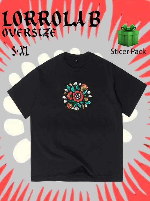 Oversized T-shirt with a Khokhloma print on the front S