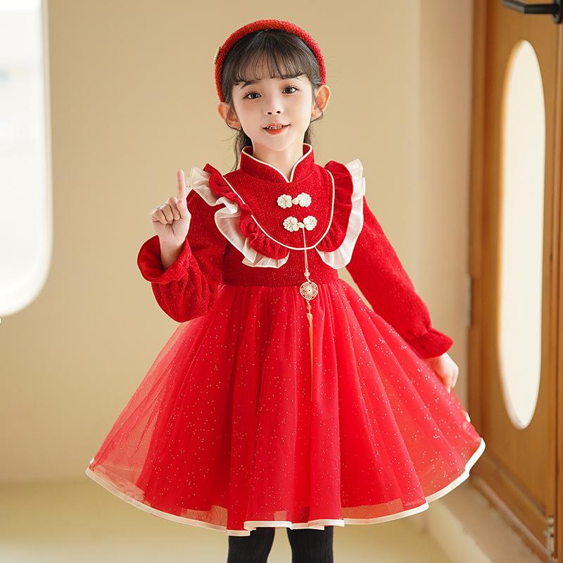 2026 Spring Festival Girls' Princess Dress - New Chinese Style Formal Wear for New Year