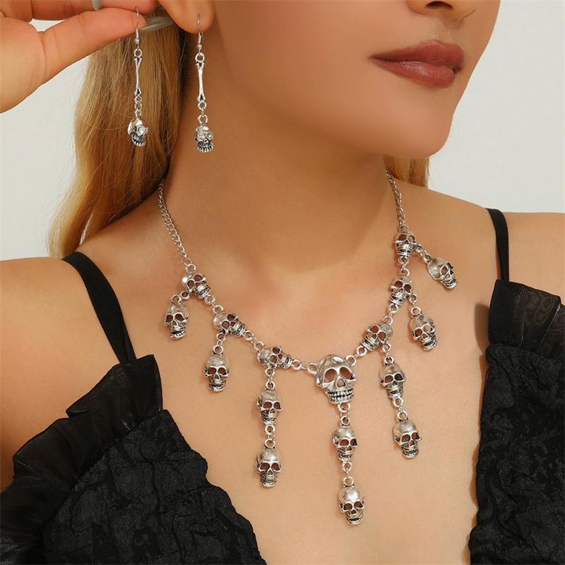 

Halloween Jewelry Set Vintage Gothic Punk Skeleton Skull Pendant Tassel Necklace and Earrings for Women All Saints Day Gift