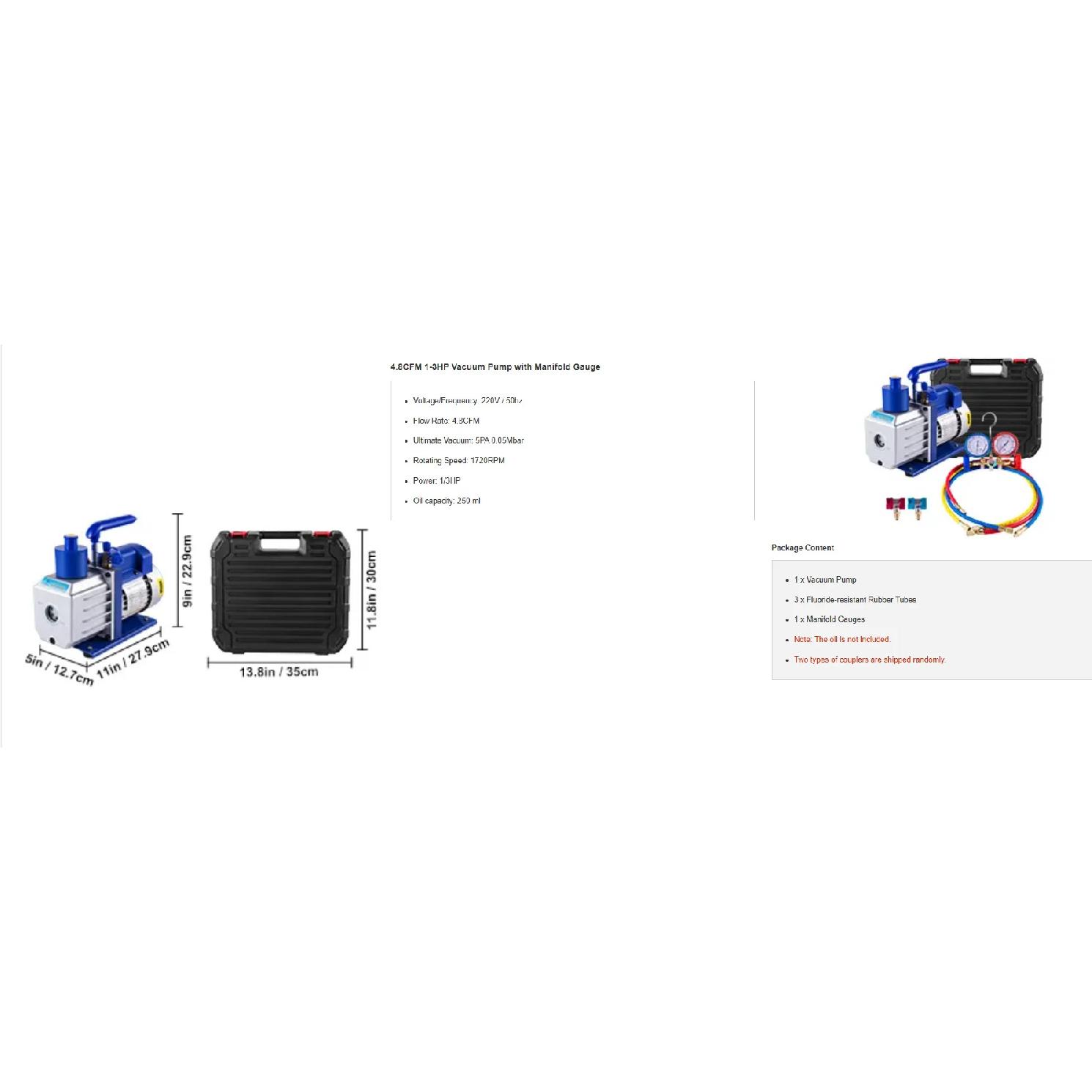 Sihao Vacuum Pump with Gauges AC Refrigerant HVAC Refrigeration Vacuum Packing Air Condition Automobile Maintenance 1.8-4.8CFM EU