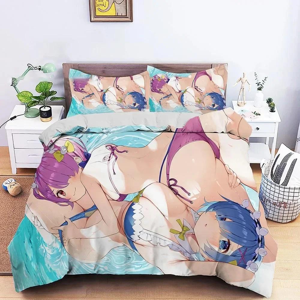 3D Anime Re Zero Rem Ram Printed Bed Set Duvet Cover Pillowcase Bedding Set Bed Linen Sheet Quilt Cover Full Queen King Size