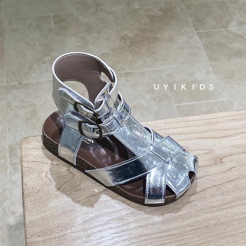 

Korean version of children s 2025 summer season new high-top cross Roman sandals girl princess shoes soft-soled beach shoes 37 серебряный