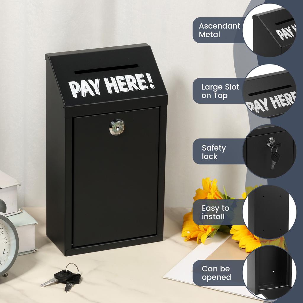 Wall Mounted Metal Donation Box with Lock and Key Safe Outside Cash Drop Box Easy Install for Wall Door Outdoor Cash Box
