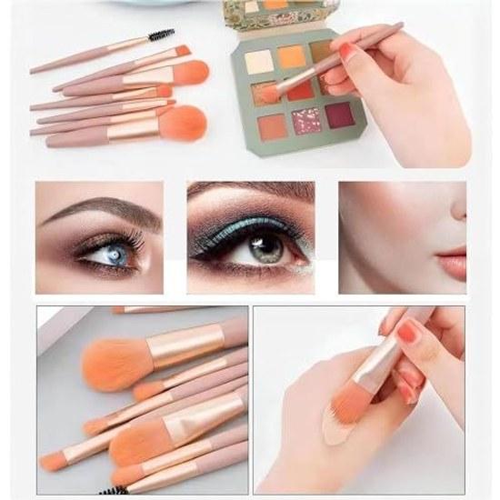 Makeup brush set 8 brushes High-quality fiber hair Super soft Comes cosmetic bag Easy carry Convenient daily Beginner tools (Green)