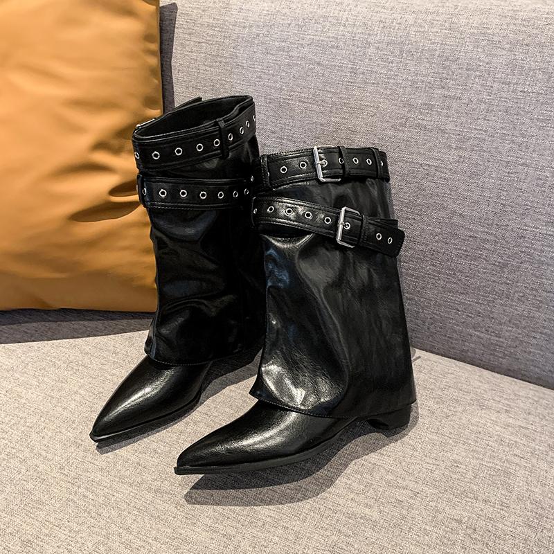 Fashion Fashion Pointed Toe Slip On Women Western Ankle Boots Concise Square Heels Shoes Laides Belt Buckle Short Booties