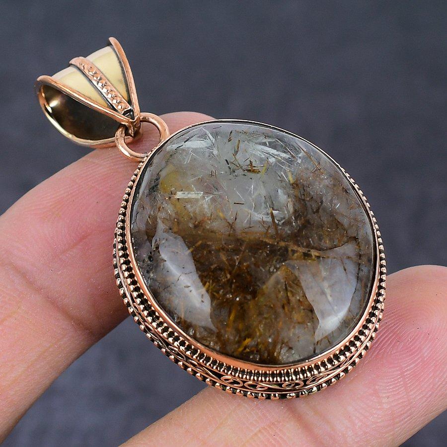 Natural Golden Rutile Gemstone Handmade Copper Jewelry Pendant 2.01" k2s77