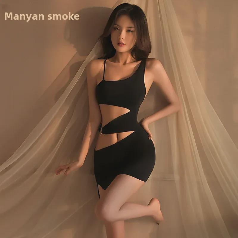 Manyan Sexy Lingerie: Oblique Shoulder Suspender Dress with Slit - Nightclub Secretary Style