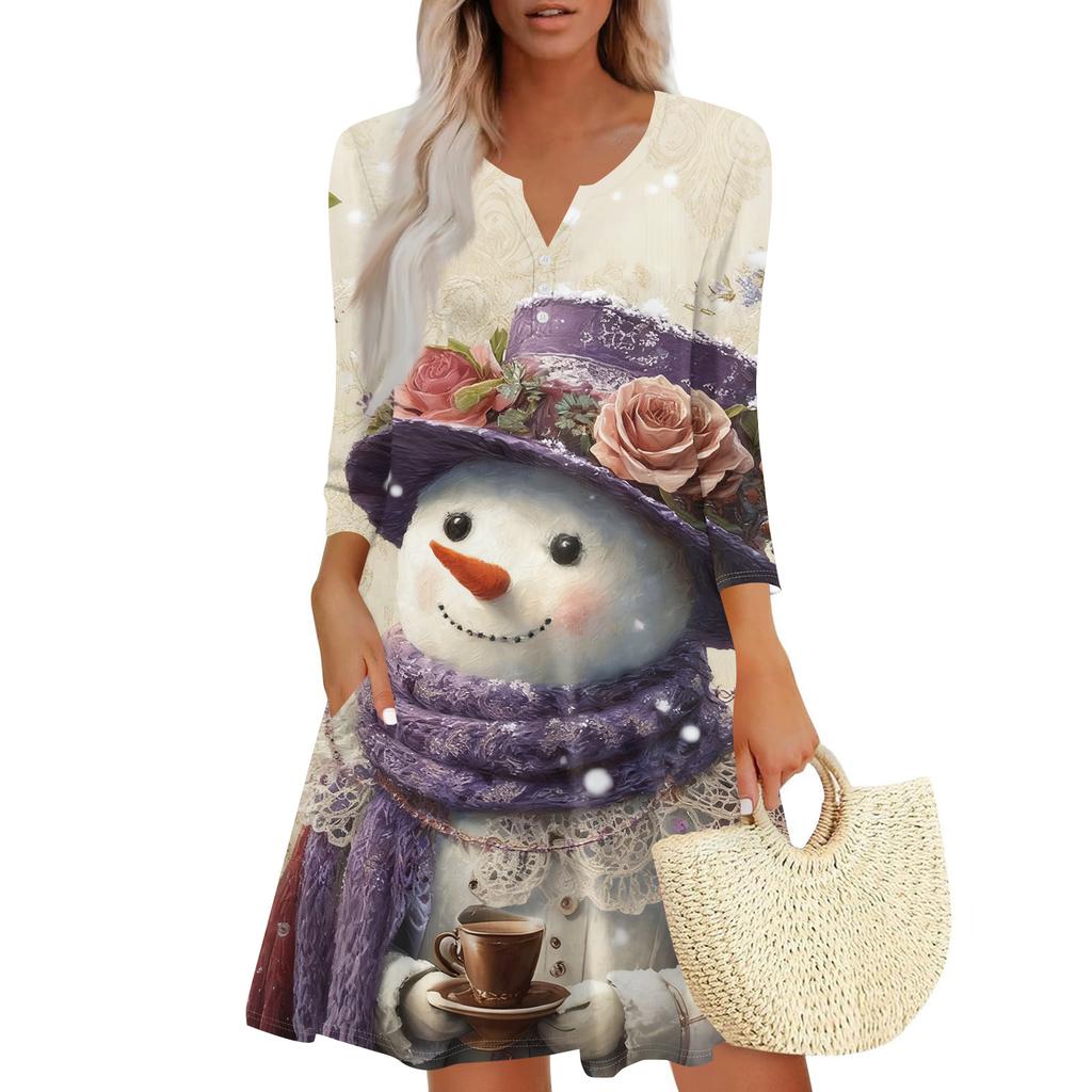 Women's Christmas Printed Fashionable V-neck Button Seven Part Cuff Pocket Dress