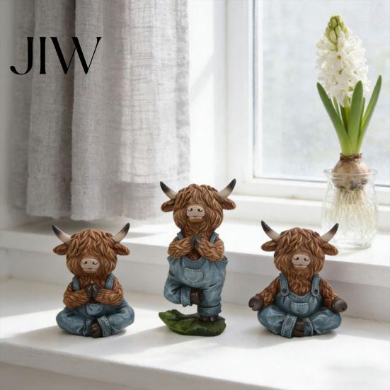 Pastoral Home Accents Yoga Highland Cow Resin Figurine, Farmhouse Style Overalls Statues, Waterproof Crafted Collectibles Garden Ornament for