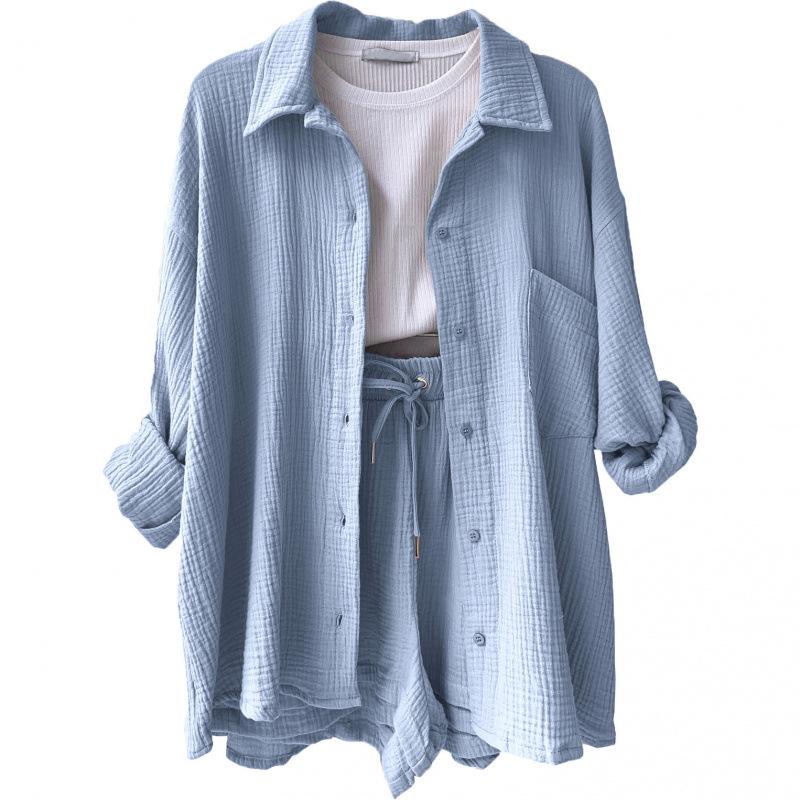 European and American Women's Crinkle Lapel Shirt & High Waist Shorts Two-Piece Set