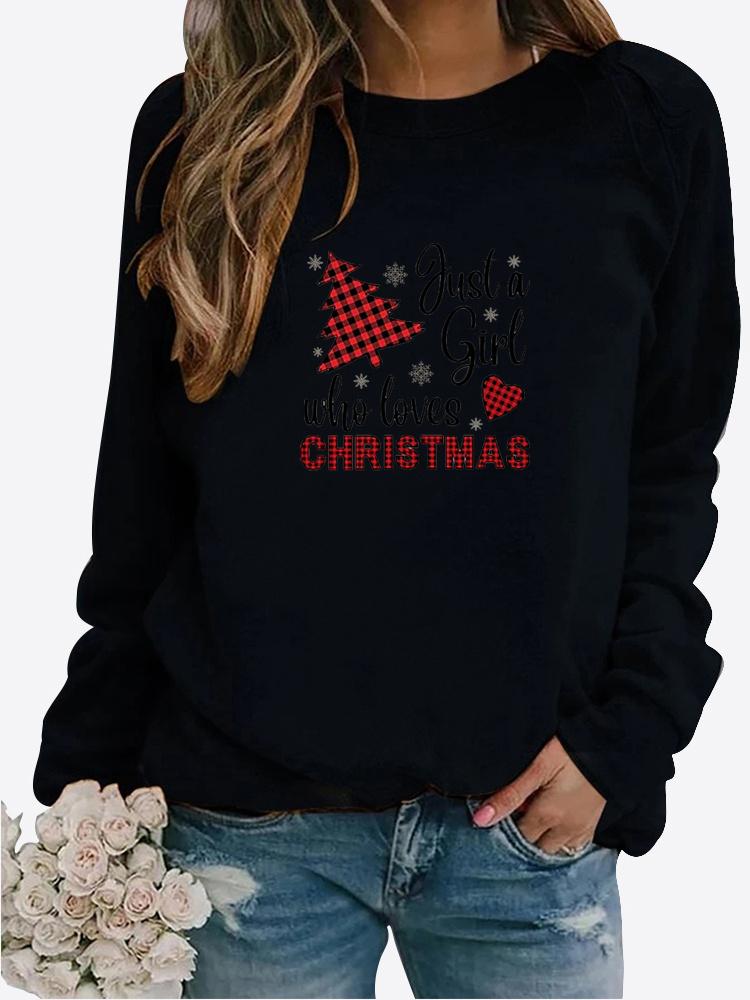 Høst og vinter dame juletema utskrift genser rund hals Langermet Uformell genser Plus Size Topp
