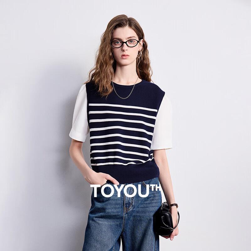 Women s Short Striped Color-Block Faux Two-Piece Knit Top M