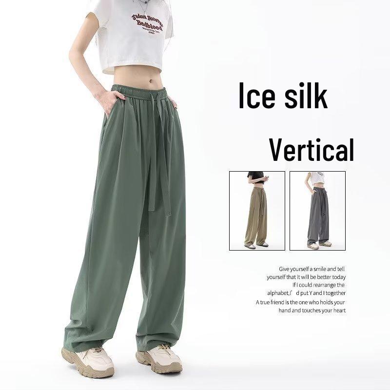 

Ice Silk High Waist Gray Wide-Leg Women s Summer Pants - 2025 Thin Style, Sun Protection, Drapey, Straight Leg 5XL