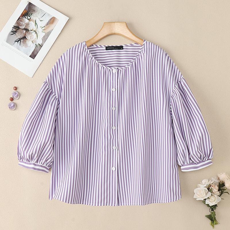 ZANZEA Women Casual Round Neck Loose Long Sleeve Stripe Blouse