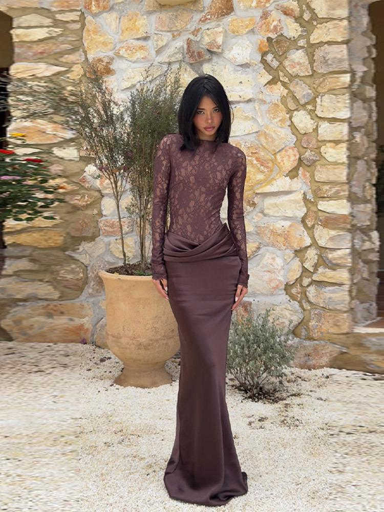 2026 European & American Women's Autumn/Winter Sexy Lace See-through Bodycon Long Dress
