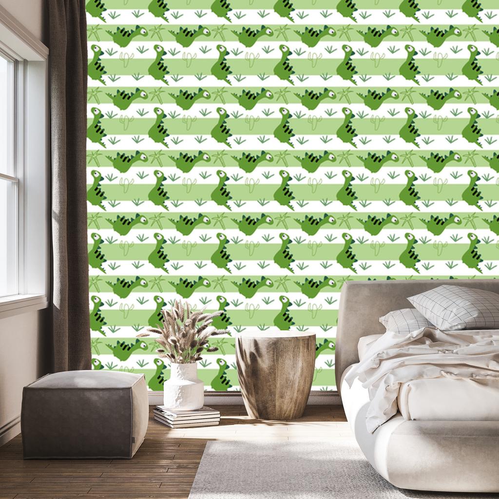 Dinosaurs Wallpaper In Green and Stripes for Living Room and Bedroom 50x1000