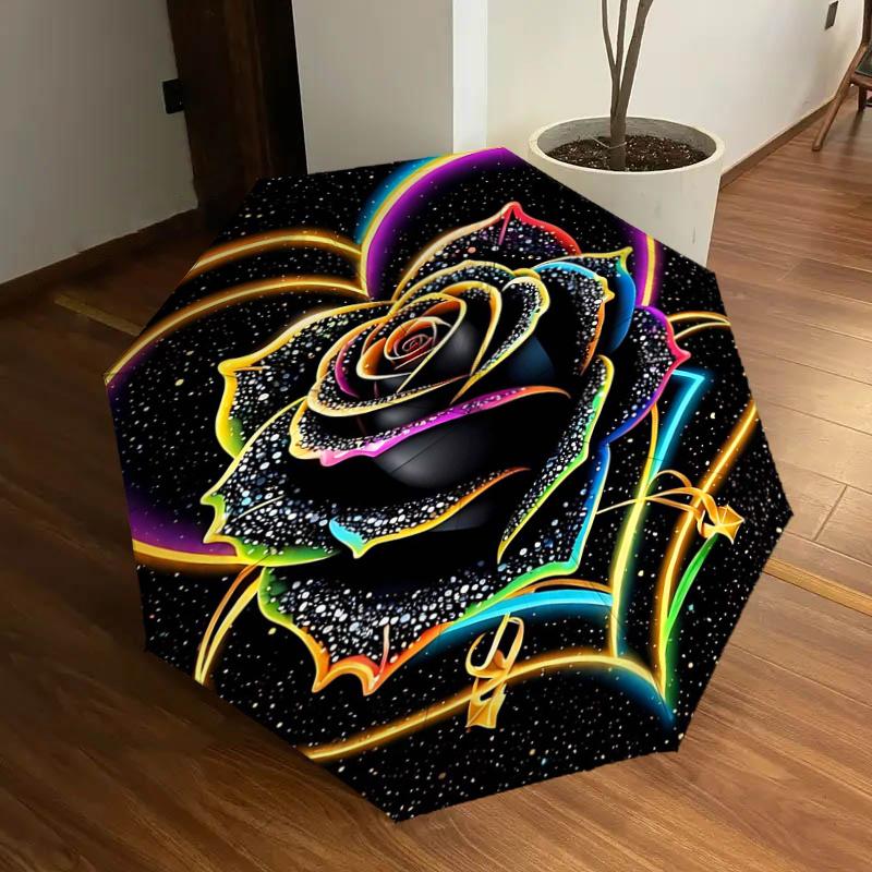 

Rainbow Rose Heart Auto-Open Close Umbrella - Portable Tri-Fold Design with 8-Bone Iron Frame, Perfect for Outdoor, Festive Gifts, Travel, D