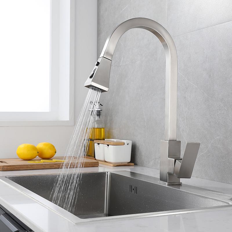 Nickel Kitchen Pull-out Faucet 304 Stainless Steel Double Mode Hot And Cold Mixed Wash Basin Faucet Square Kitchen Sink Faucet