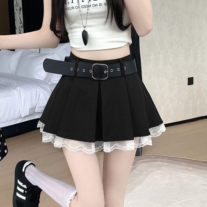 Classic High Waist Pleated Skirt With Lace Patchwork For Summer Fashion