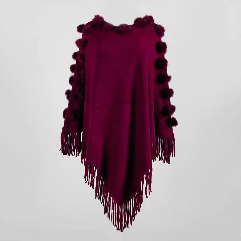 307 Fall Winter Tassel Pom Shawl Cape Womens Crew Neck Pullover Knit Sweater