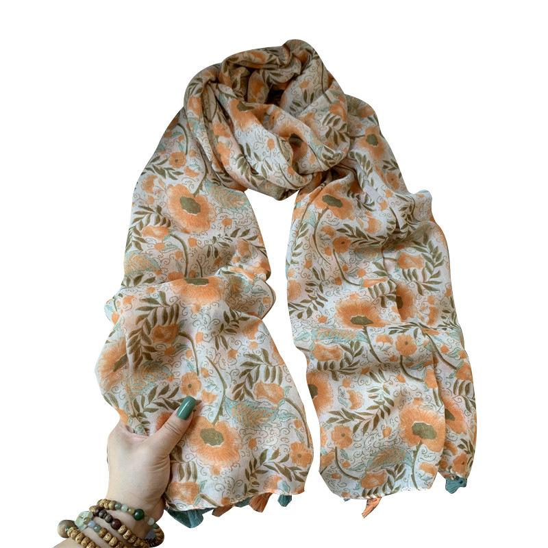 Small fresh floral silk scarf women's scarf sunscreen travel large shawl beach towel thin cotton and linen summer yarn