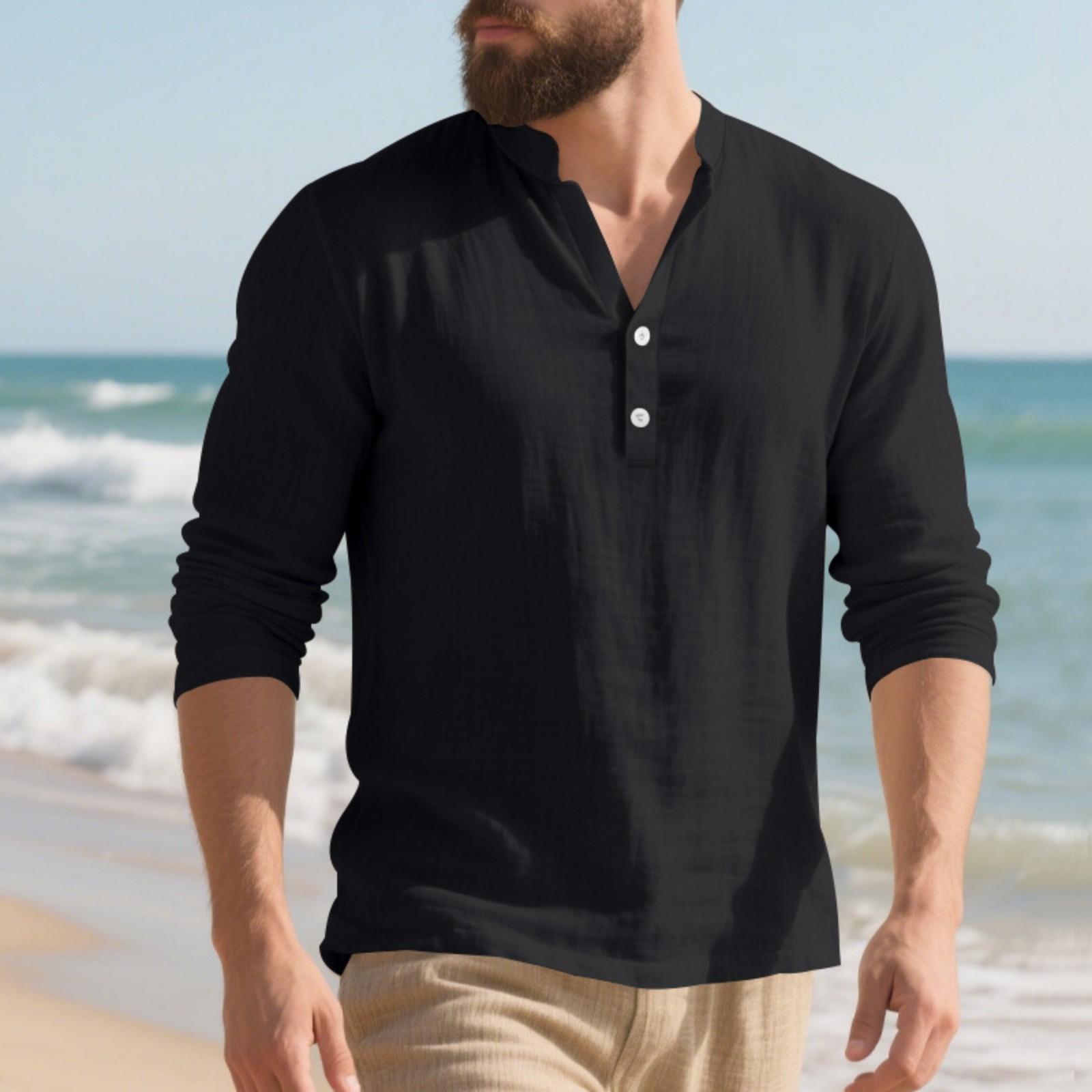 

Men s Linen Long-Sleeve T-Shirt - Loose Fit Stand Collar Button Casual Long-Sleeve Top XXXL чорний