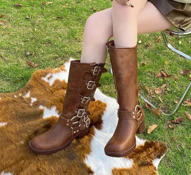 Fashion Women's High Platform Boots Metal Buckle Thick Heel Motorcycle Boots Vintage Soft Leather Punk Boot Brown Leather Knight Boot