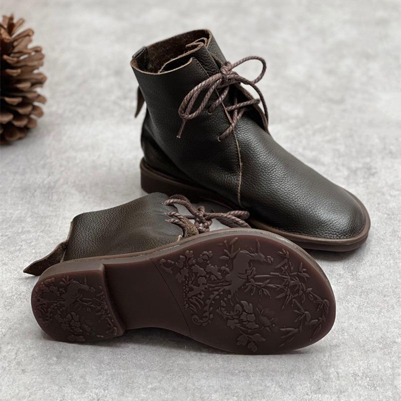Women's Genuine Leather Ankle Boots Handmade Retro British Style Lace-Up Round Toe Flat Ankle Boots Luxury Women Short Boots