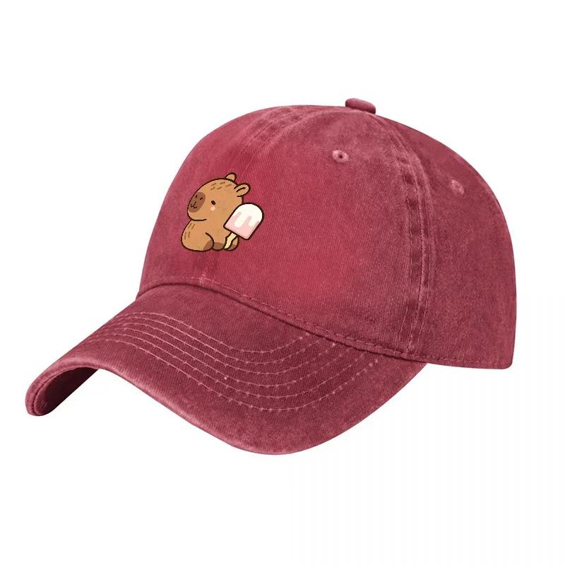 Cute Capybara Holding Ice Cream Embroidered Washed Denim Baseball Cap Canvas Adjustable Hat for Adults