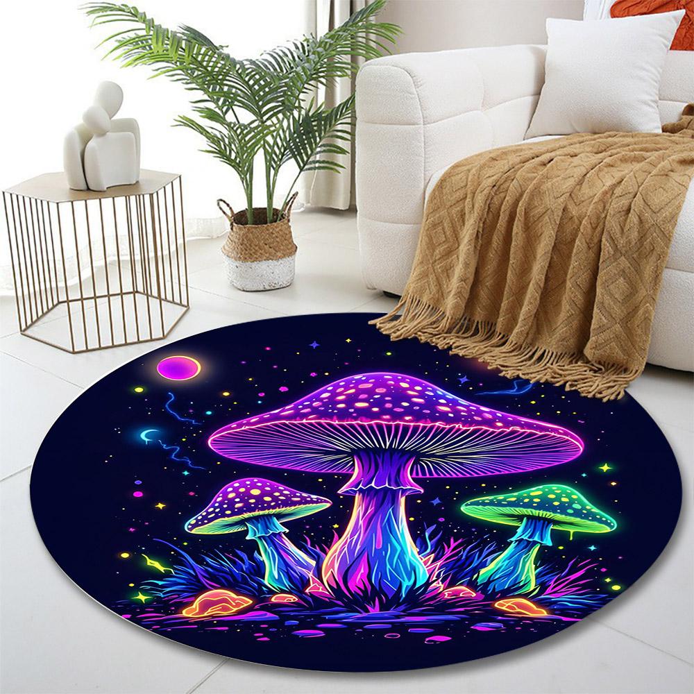 Neon Mushrooms In Cosmic Night Print Round Rug, Living Room, Bedroom, Playroom Carpet, Non Slip Floor Mat, Gift
