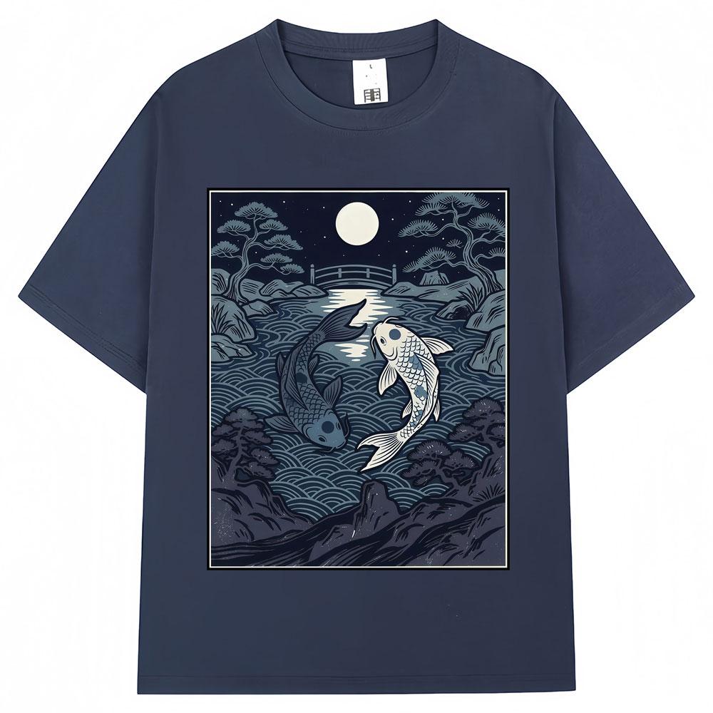 Japanese Style Yin Tang Koi Fish Moonrise Graphic T Shirt   Fashion Vintage T-shirts Oversized Cotton Casual Y2k T-shirt