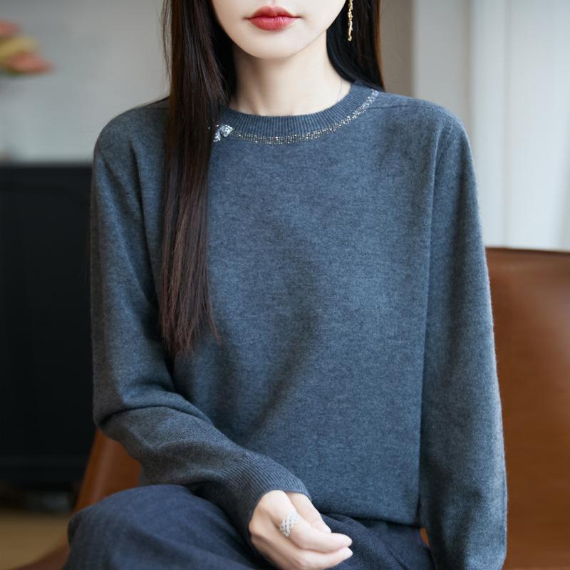 Neuer Herbst- und Winter-Rundhals-Strickpullover Langärmlig mit Strasssteinen und Schleifen Lockerer Pullover Basisschicht-Oberteil für Damen