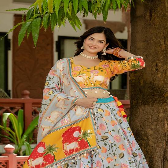 Multicolour Printed Lehenga Set with Animal Motifs