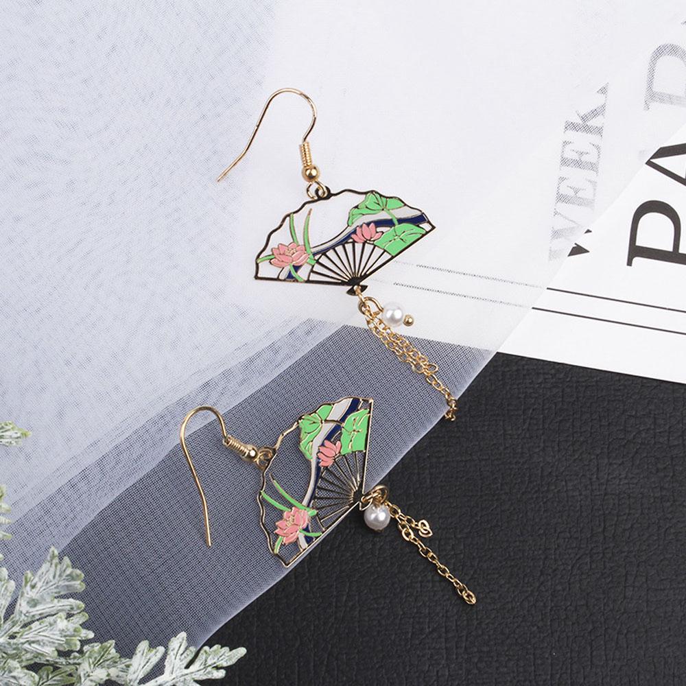 

Blossoms Leaf Chain Lotus Pendant Pearl Chinese Elements Hollow Fan Ear Hoop Long Drop Earrings B