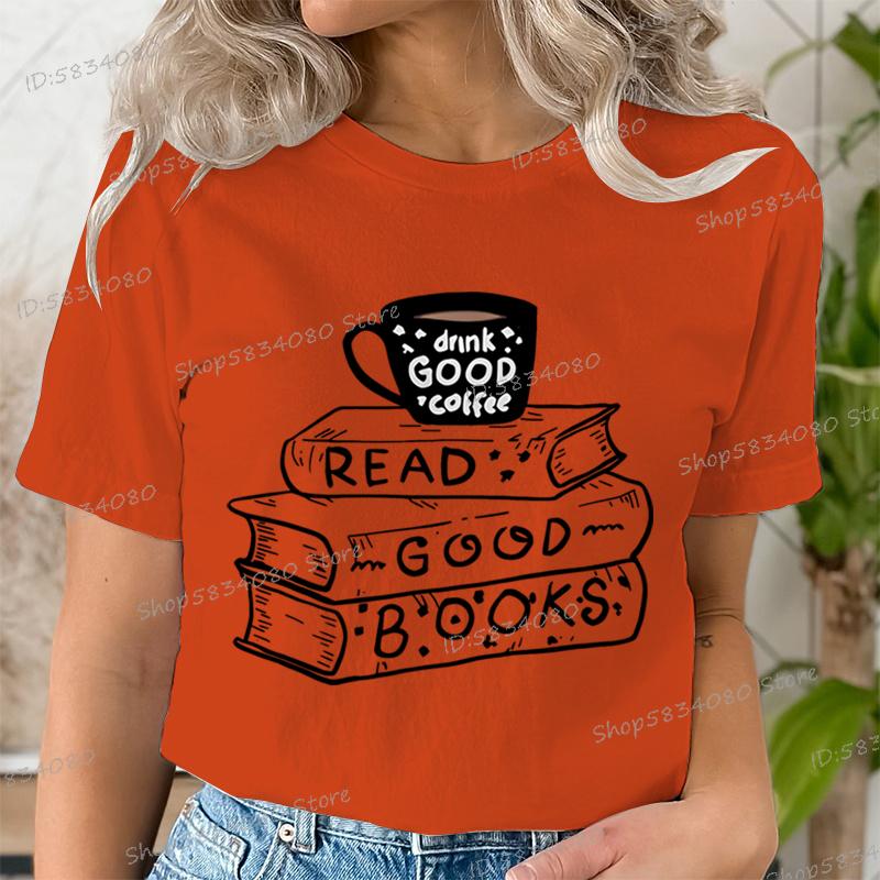 Casual Vintage Book Coffee T Shirt Women Trendy Bookish Short Sleeve Tshirt Book Lover Party Gift Coffee Lover Summer Clothes