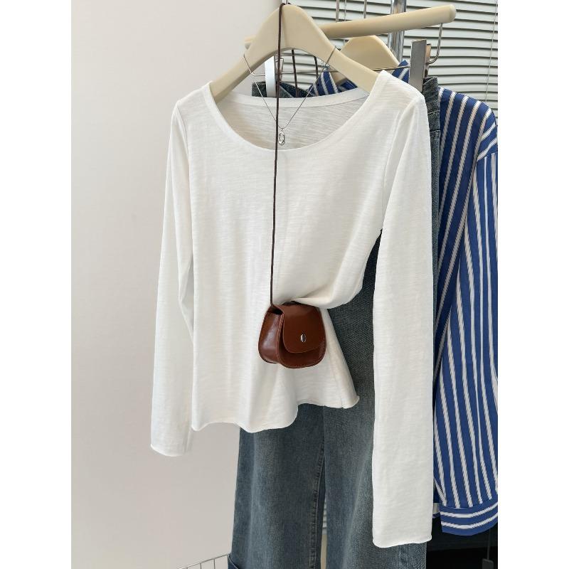 

Wind Shot White Bamboo Cotton Long Sleeve T-Shirt Women s Morning Bottom Shirt Slim U-Neck Top XL белый