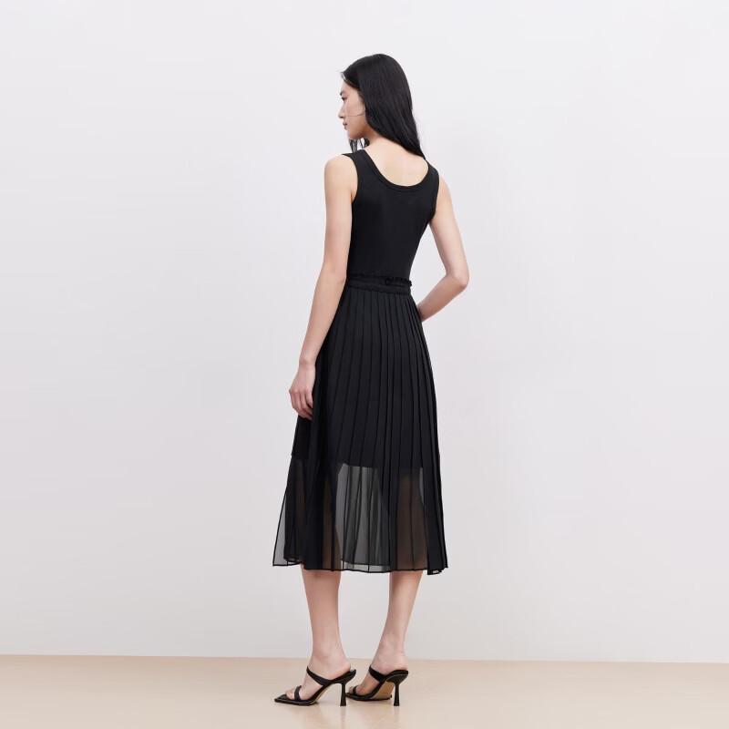 VEROMODA Ribbed Knit Chiffon Tie-Waist Pleated Midi Dress