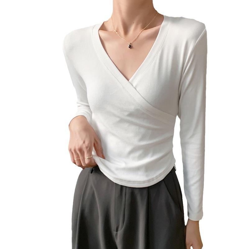 Spring V-neck Waist Cinching Sexy Long Sleeved T-shirt Top For Women