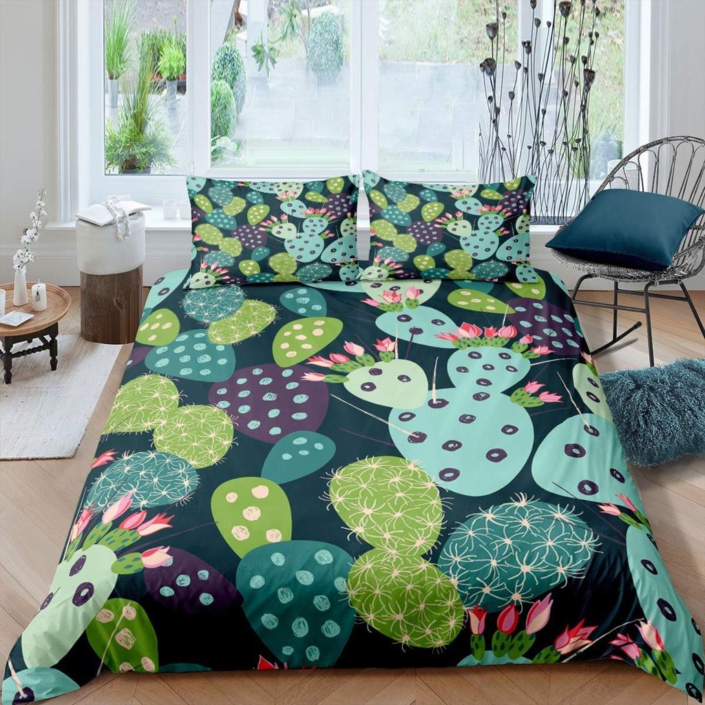 Floral Bedding Set 3pcs Cactus Succulents and Flowers Decor Comforter Cover Plant Soft Polyester Quilt Cover with 2 Pillow Cases