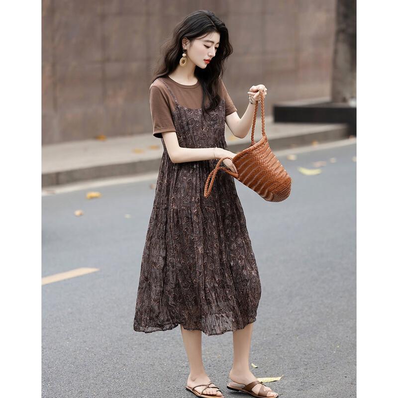Demana Summer French A-Line T-Shirt Style Faux Two-Piece Dress