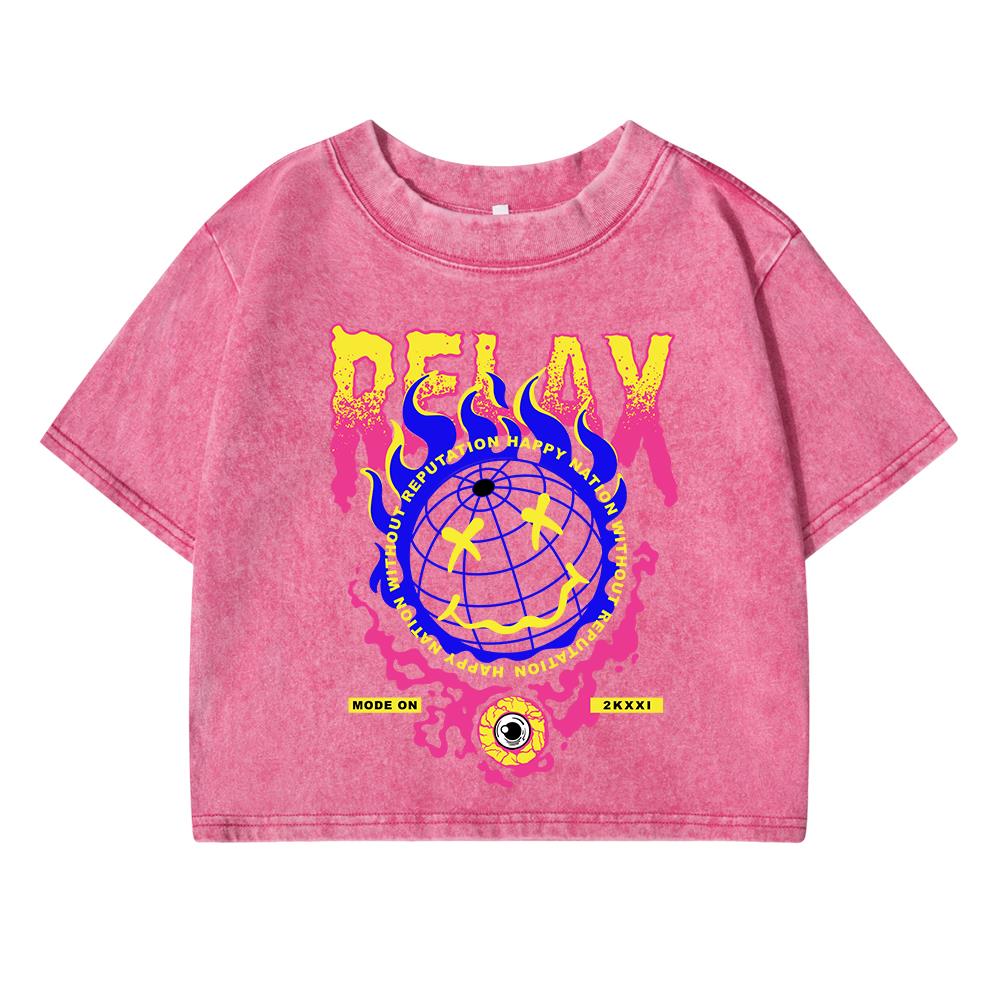 Interesting Fireball Print Women Washed Short T-Shirt Soft Short Sleeve Street Distress T Shirts Sports Breathable Tshirt