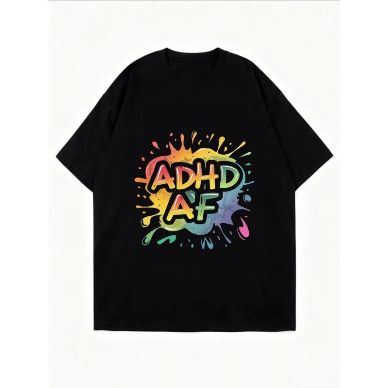 Vintage Oversized T-Shirt with Rainbow Splatter "ADHD AF" Graphic Print – Edgy Streetwear Style Top