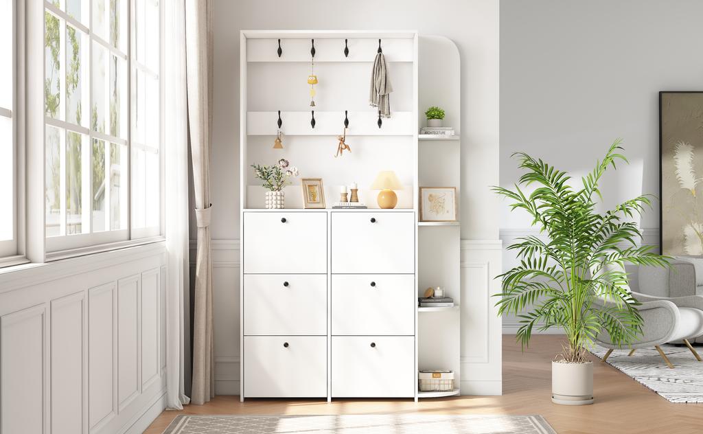 120 x 24 x 200 cm, Coat Rack for Entrance Area, 3-in-1 Multifunctional Shoe Cabinet, Flip Door, 8 Hooks, Living Room Cabinet with 5 Shelves, White