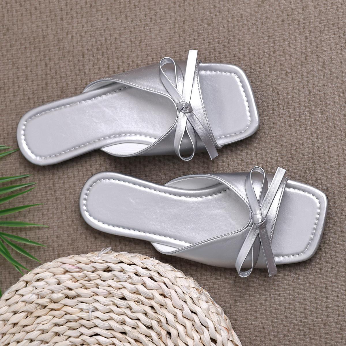 

Летние женские тапочки с узлом-бабочкой, модные однотонные повседневные удобные женские тапочки на плоской подошве с квадратным носком 43