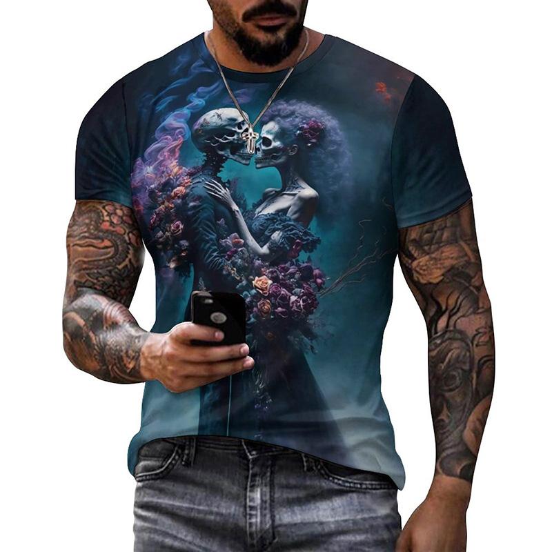Summer Round Neck 3D Mexican Day of the Dead Skull Pattern Print Top Fashionable Casual Short Sleeved Men's T-shirts