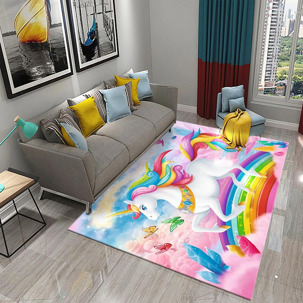 Cartoon Lovely Unicorn Print Carpet Kids Playroom Play Carpet Living Room Bedroom Bathroom Beautiful Non-slip Carpet Home Decor