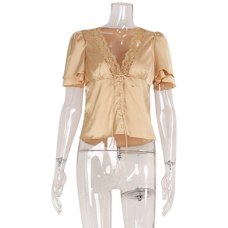 French-Style Lace-Up Lace Patchwork T-Shirt, Slim Fit, New Summer Style, Pure Desire Hot Girl Short Sexy Short-Sleeve Top